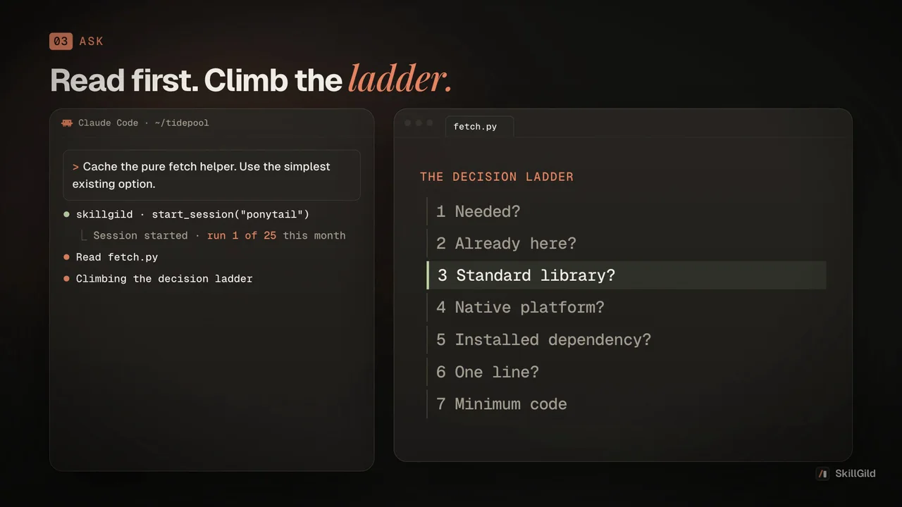 Ponytail demo: looks for existing solutions before writing more code.