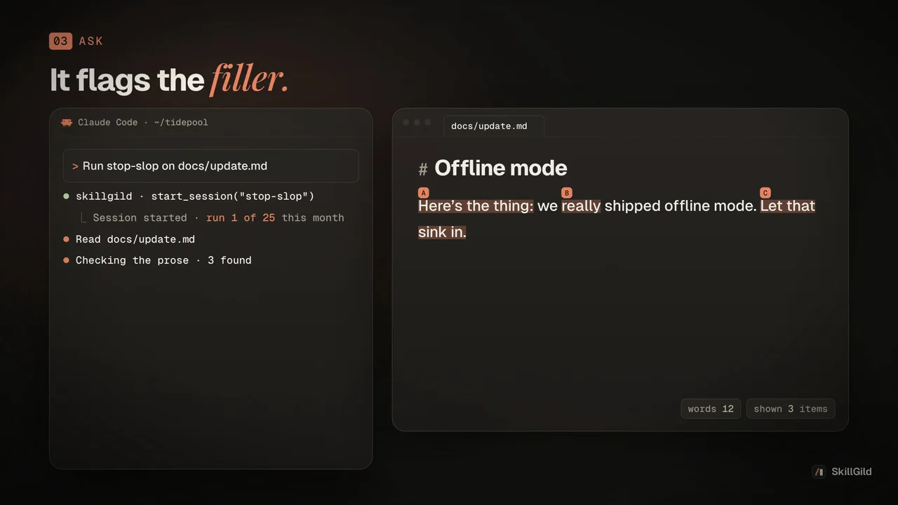 Stop Slop demo: install, start a hosted session, remove three filler patterns, and preserve the offline-mode announcement