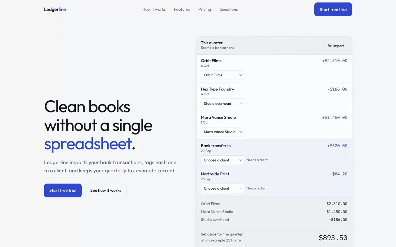 A landing page Claude Code built with Taste Skill from a test brief for Ledgerline, a fictional bookkeeping app, scrolled top to bottom