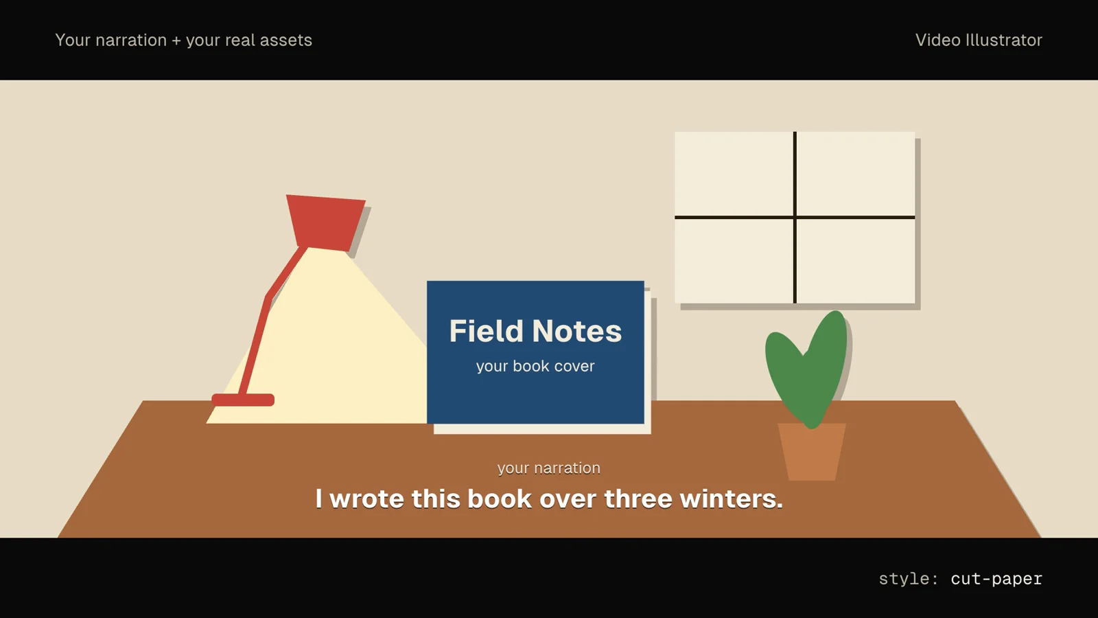 A narration line and a book cover become one cinematic shot, then the same shot changes style through a film gate: cut-paper, risograph, chalkboard, blueprint and ink-wash
