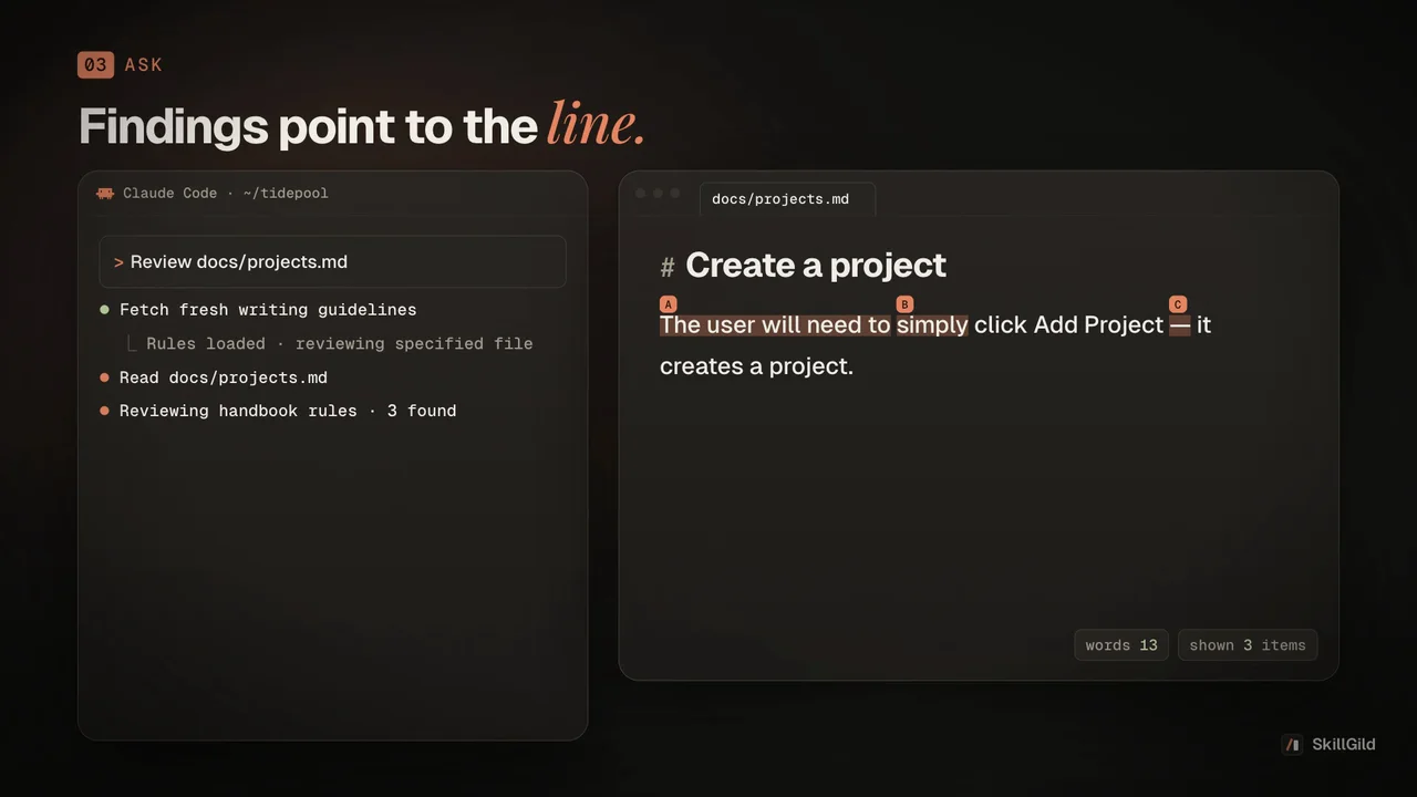 Writing Guidelines demo: install locally, fetch Vercel writing rules, review a documentation line and show file:line feedback